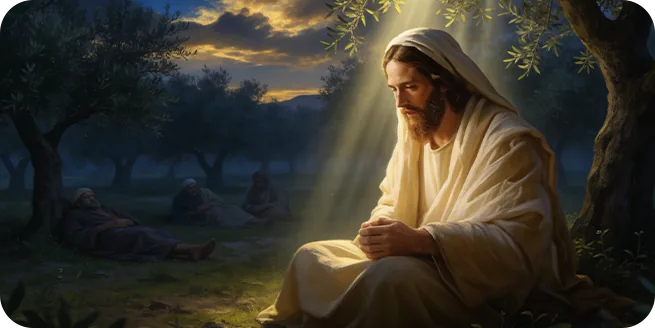 Jesus resting in prayer beneath trees at sunset